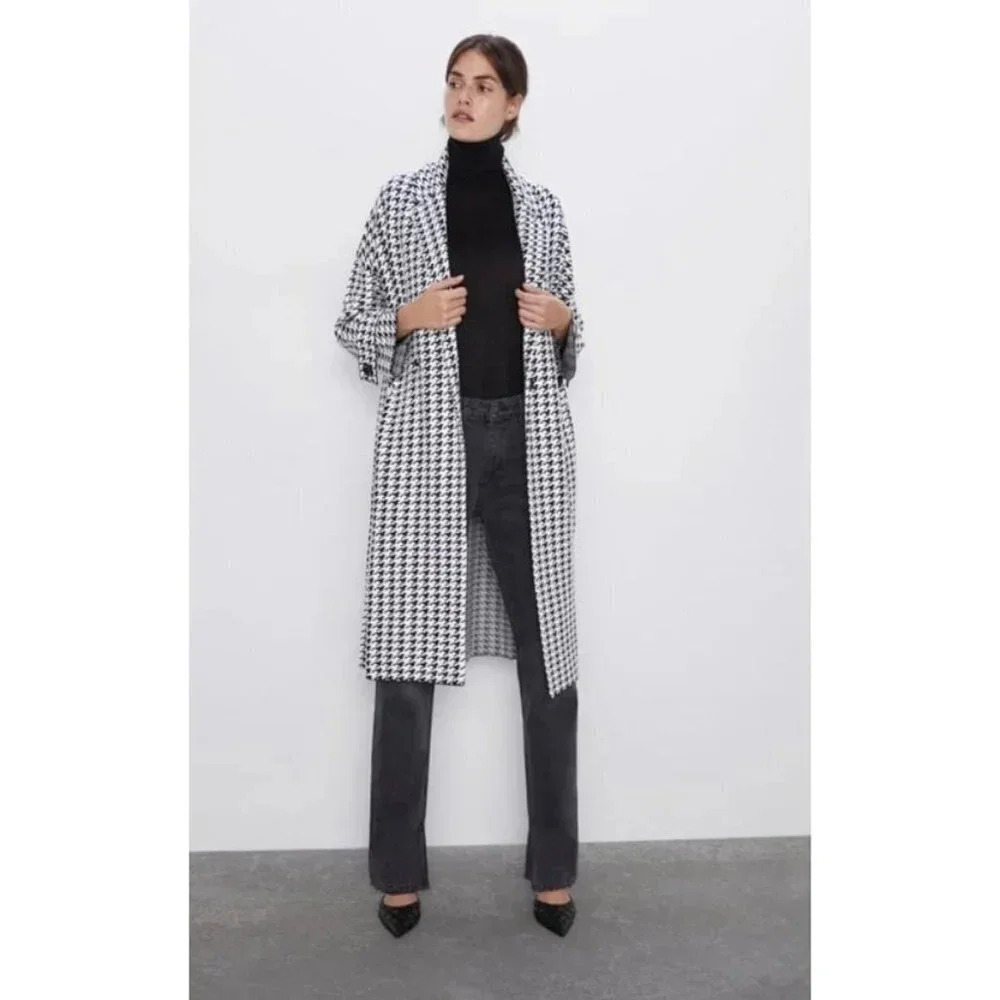 ZARA Houndstooth Coat Women’s Small Long Viscose Blend - Picture 2 of 9
